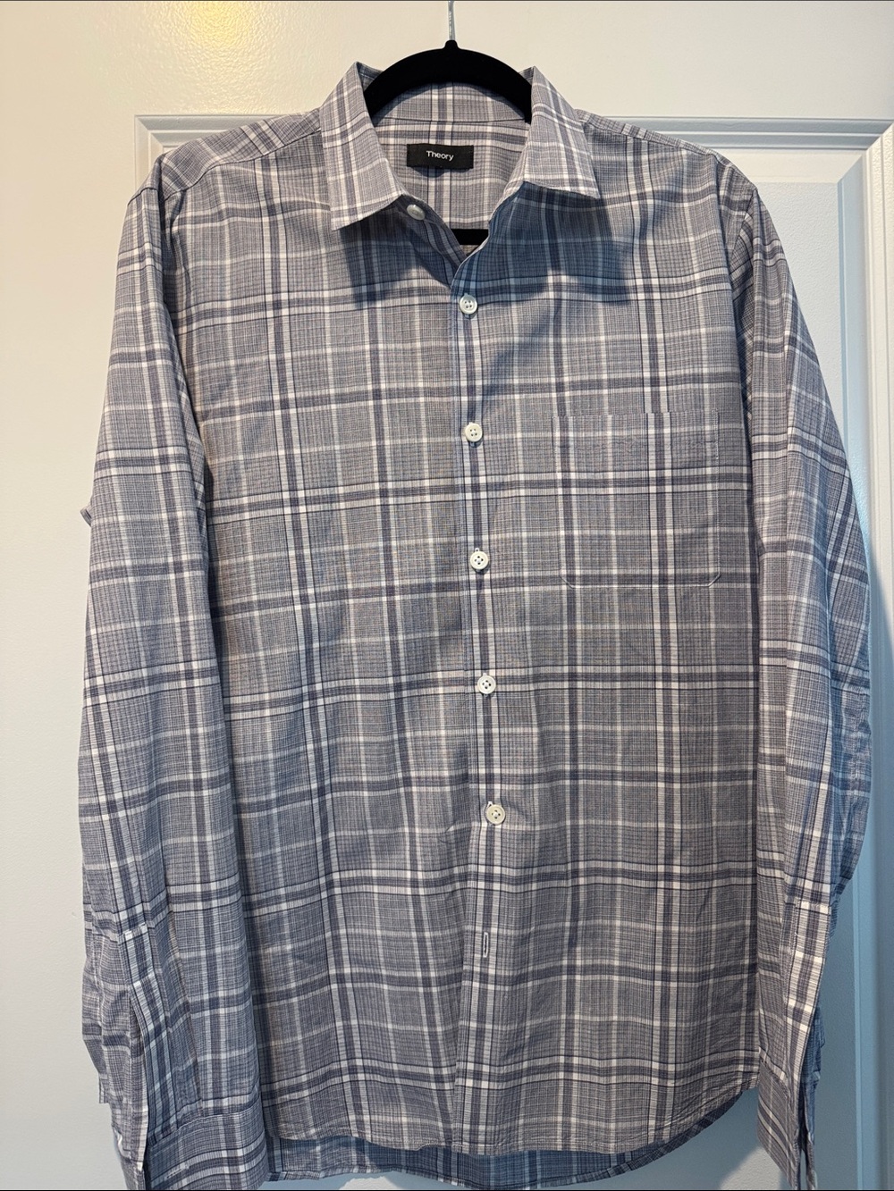 Theory Men's Gray and White Plaid Button-Down Shirt
